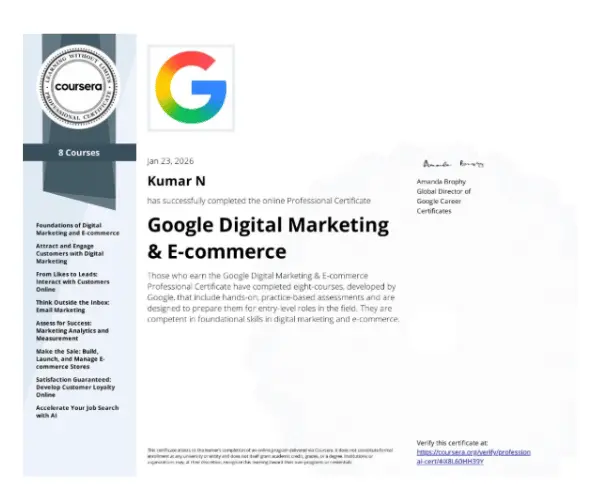 Google Digital marketing and e- commerce certificate