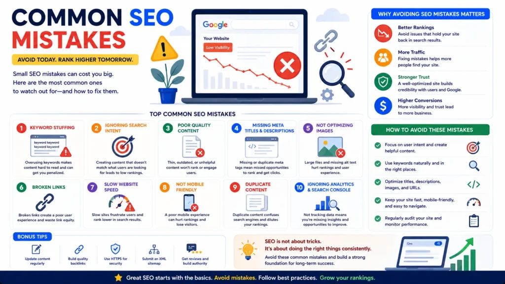 Common SEO mistakes infographic showing keyword stuffing, ignoring search intent, poor-quality content, missing meta titles and descriptions, unoptimized images, broken links, slow page speed, poor mobile-friendliness, duplicate content, and missing analytics.