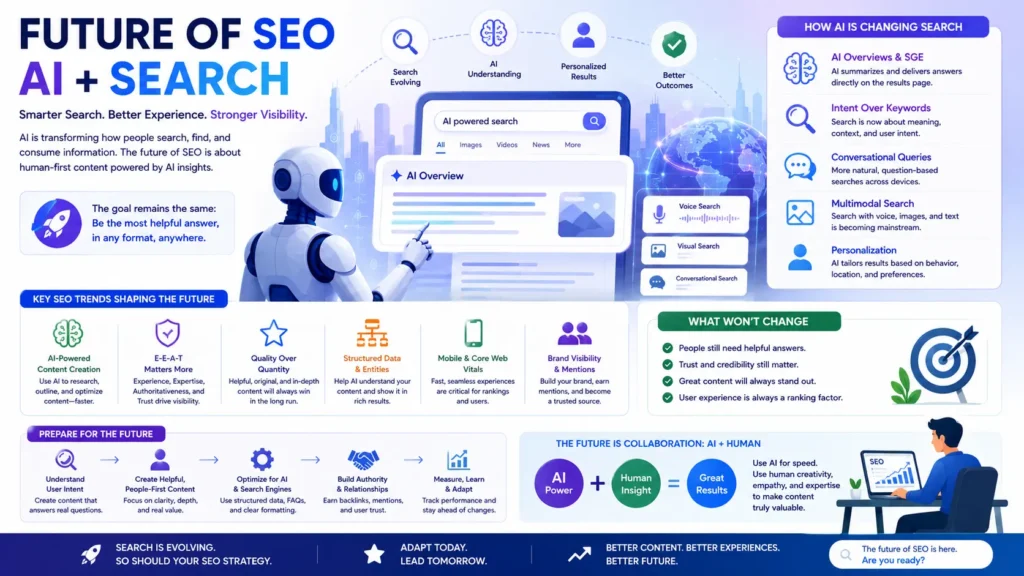 Future of SEO infographic showing how AI is changing search through AI Overviews, search intent, conversational queries, multimodal search, personalization, structured data, E-E-A-T, and brand visibility.