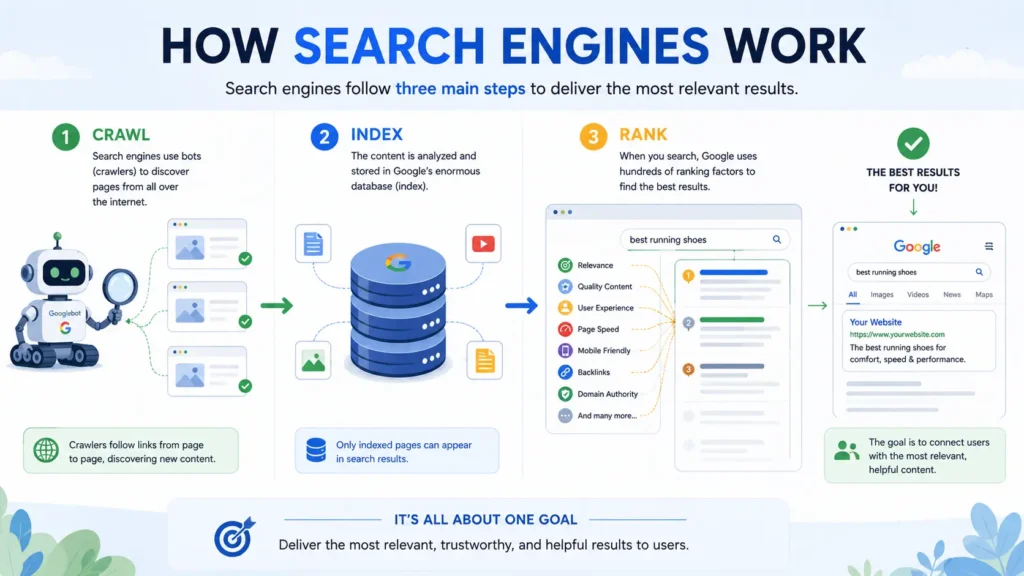 How search engines work, showing the three main steps: crawling web pages, indexing content, and ranking relevant search results.