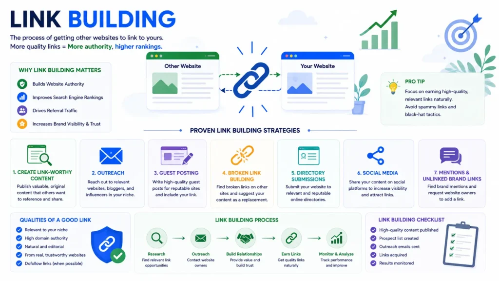 Link building infographic showing seven strategies, including link-worthy content, outreach, guest posting, broken link building, directory submissions, social media, and unlinked brand mentions.
