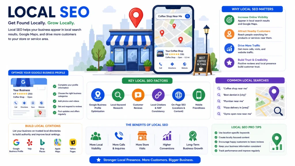 Local SEO infographic showing Google Business Profile optimization, local keyword research, customer reviews, local citations, NAP consistency, on-page SEO, and mobile-friendliness.