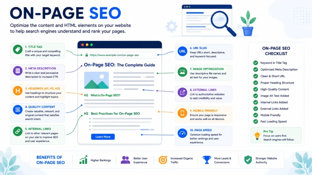On-page SEO infographic showing key optimization elements including title tags, meta descriptions, headings, quality content, internal links, URL structure, image optimization, external links, mobile-friendliness, and page speed.