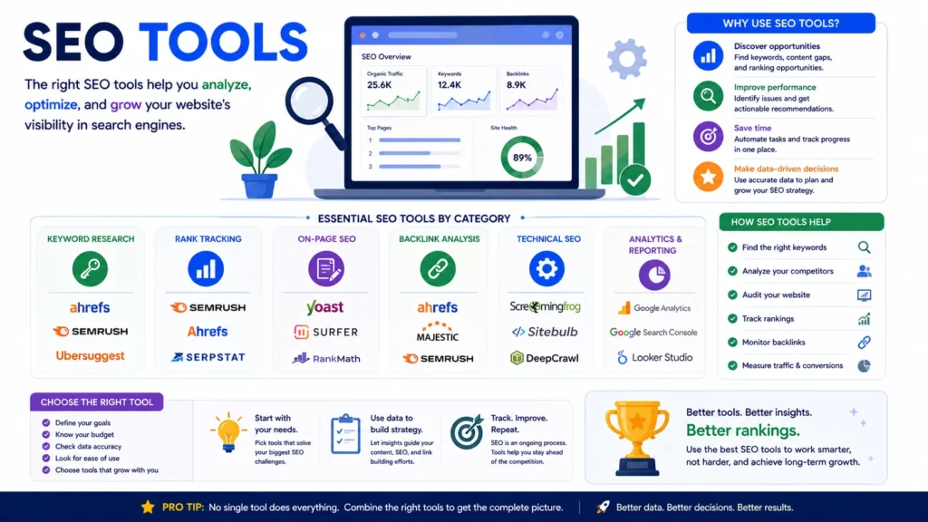 SEO tools infographic showing essential tools for keyword research, rank tracking, on-page SEO, backlink analysis, technical SEO, and analytics and reporting.