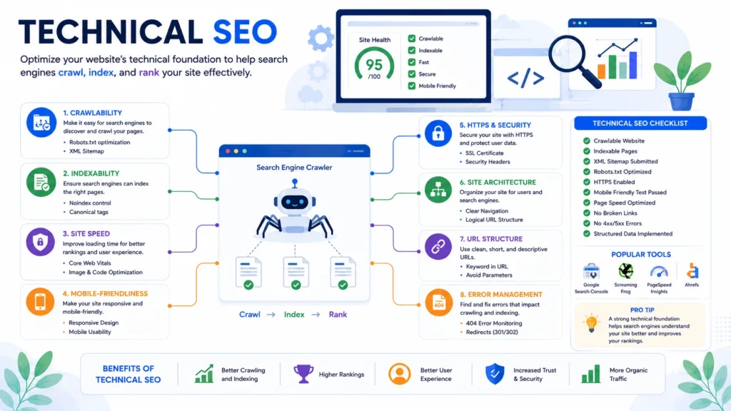 Technical SEO infographic showing crawlability, indexability, site speed, mobile-friendliness, HTTPS security, site architecture, URL structure, and error management.
