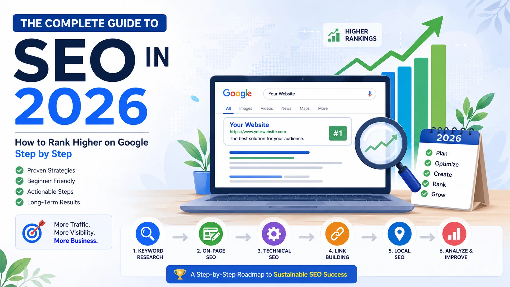 Illustration showing the complete SEO process from keyword research to higher Google rankings in 2026.
