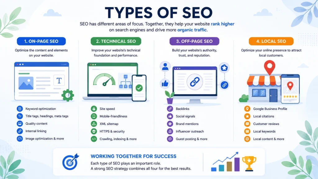 Types of SEO infographic showing four main areas: on-page SEO, technical SEO, off-page SEO, and local SEO, with key optimization activities for each.