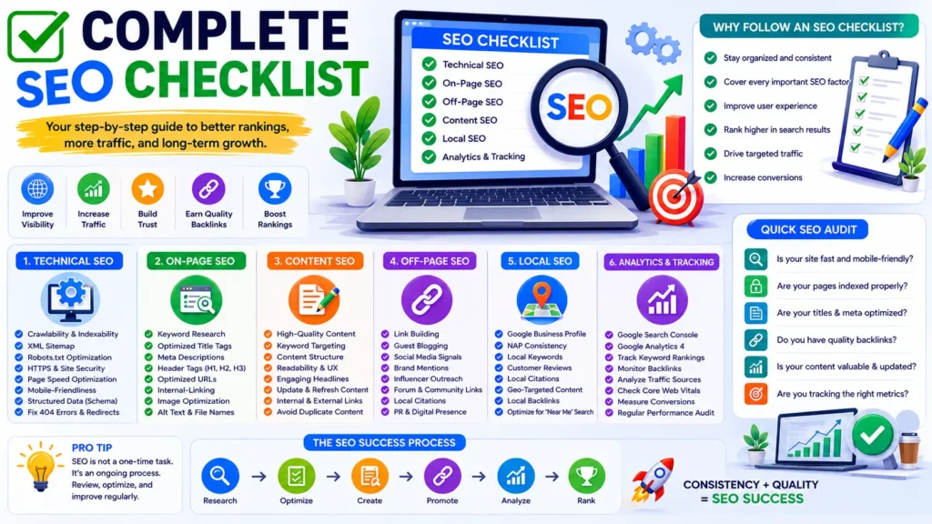Complete SEO guide for 2026 showing a step-by-step SEO roadmap covering keyword research, on-page SEO, technical SEO, link building, local SEO, and performance analysis.