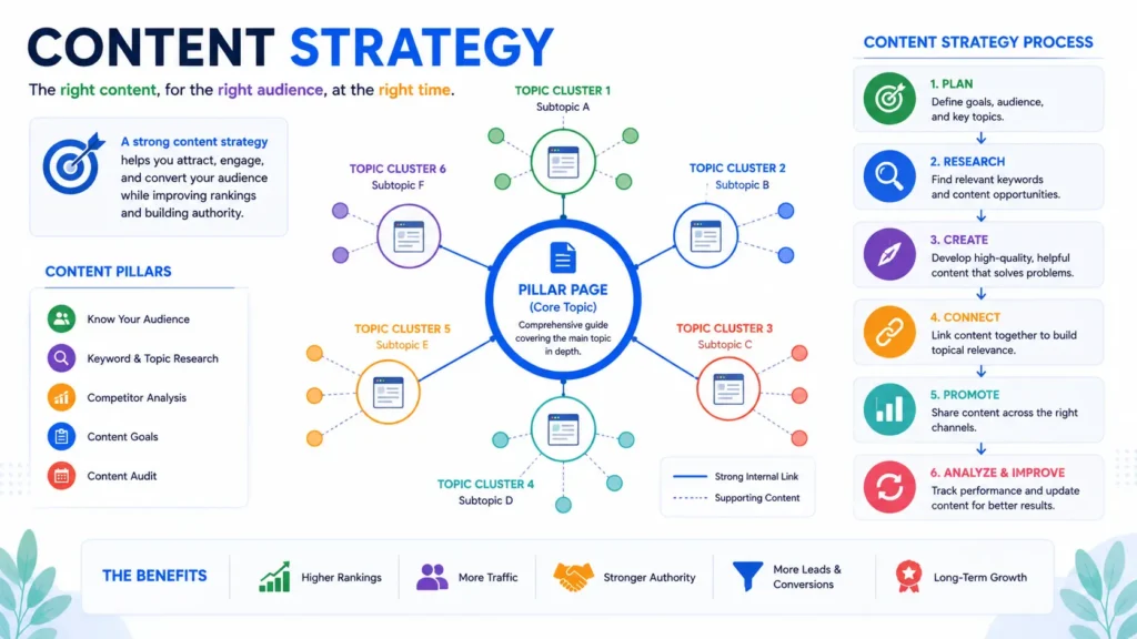 Content strategy infographic showing how a pillar page connects to topic clusters, supported by audience research, keyword research, competitor analysis, content goals, and content audits.