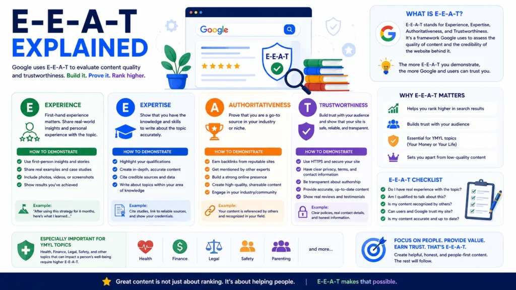 E-E-A-T SEO infographic explaining Experience, Expertise, Authoritativeness, and Trustworthiness, with practical ways to demonstrate each factor and build content credibility.