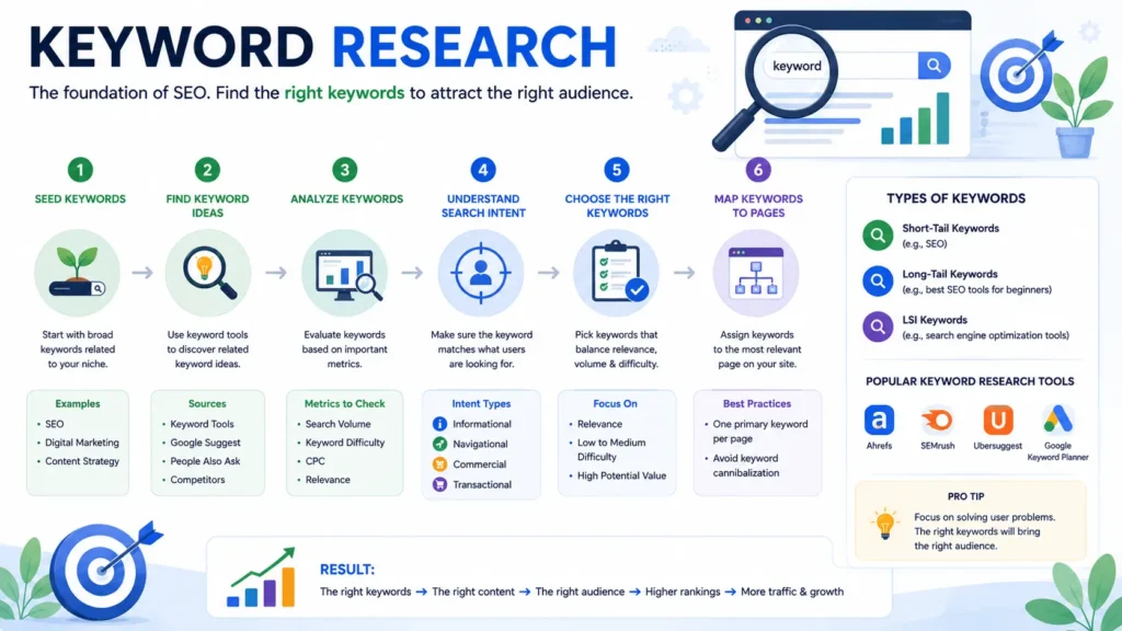 Keyword research infographic showing six steps: finding seed keywords, discovering keyword ideas, analyzing metrics, understanding search intent, choosing target keywords, and mapping keywords to pages.