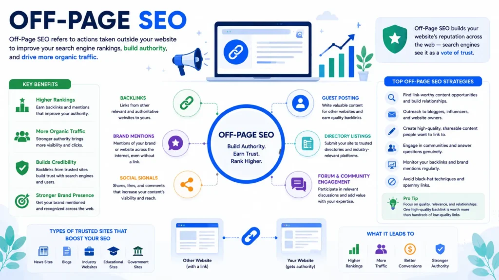 Off-page SEO infographic showing backlinks, guest posting, brand mentions, social signals, directory listings, and community engagement as strategies for building website authority.