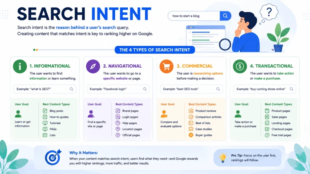 Search intent infographic explaining four types of search intent: informational, navigational, commercial, and transactional, with examples and suitable content types for each.