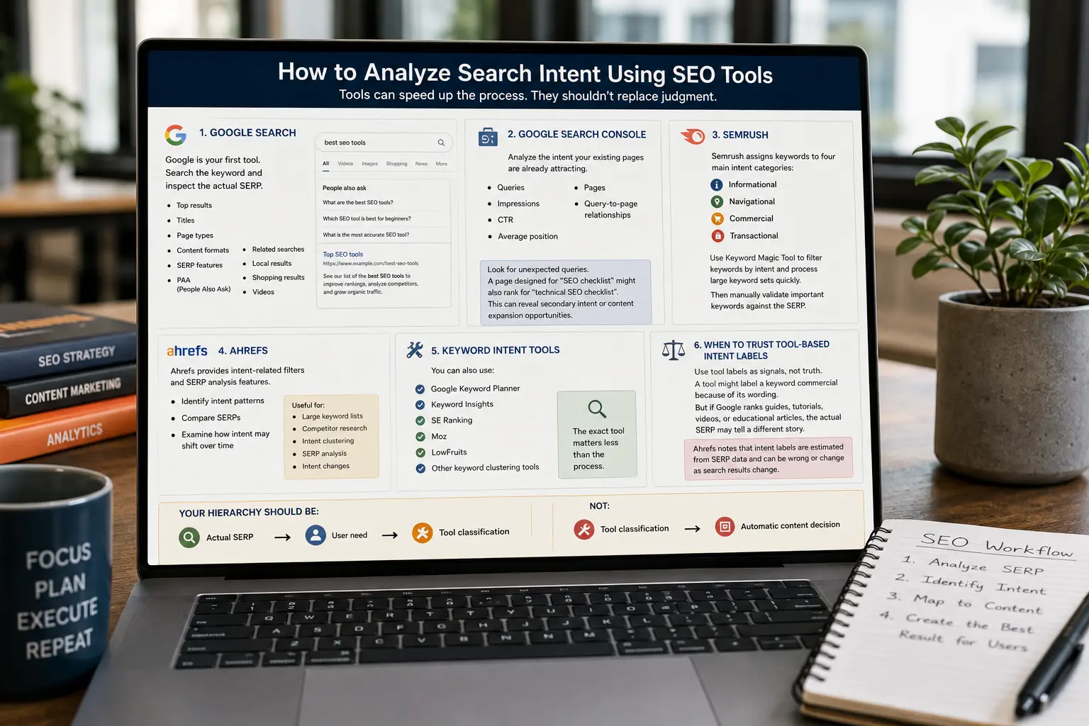 Realistic SEO workspace showing how to analyze search intent using Google Search, Google Search Console, Semrush, Ahrefs, and keyword research tools, with SERP analysis prioritized over automated intent labels.