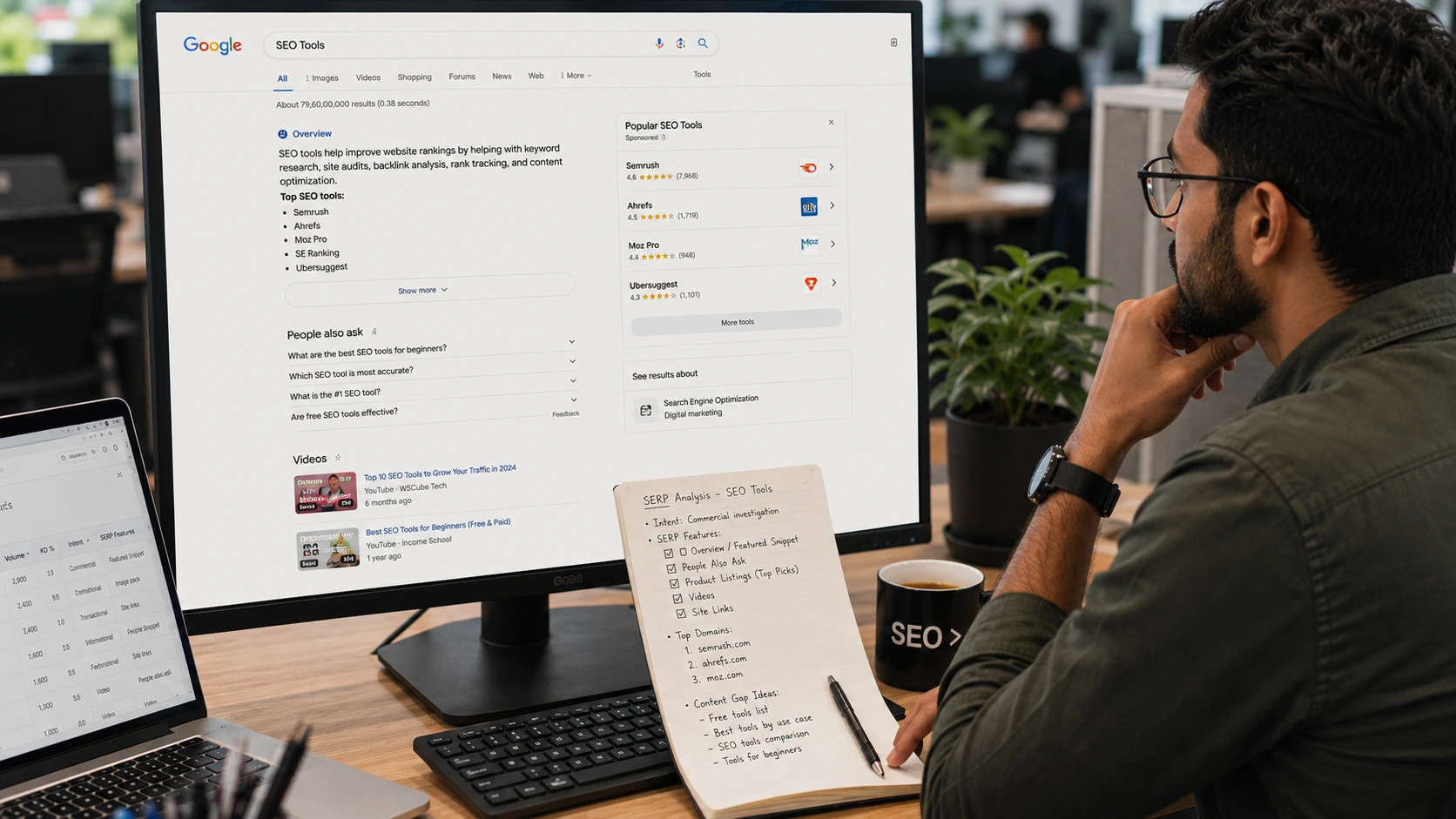 SEO analyst examining Google SERP features for search intent