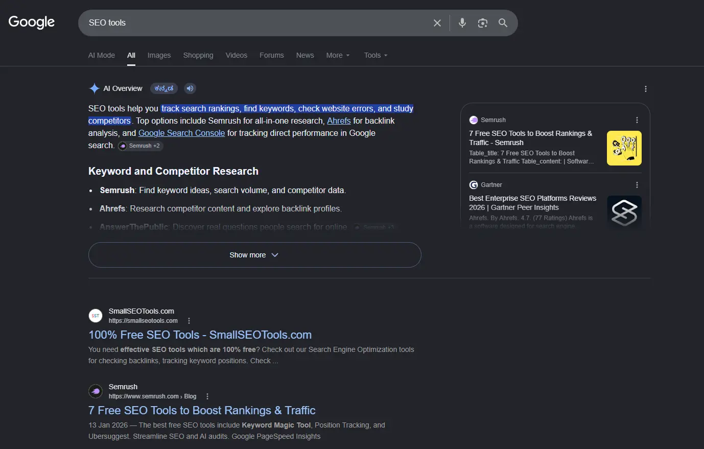 Google search results for “SEO tools” showing an AI Overview, SEO tool recommendations, and organic search results.