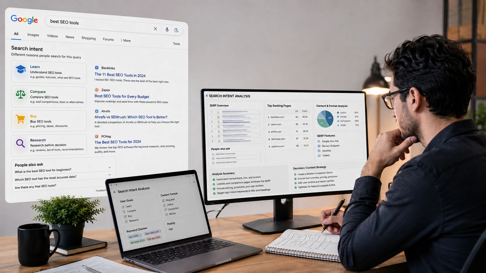 SEO professional analyzing search intent by reviewing SERPs, user goals, and competitor content on multiple screens.