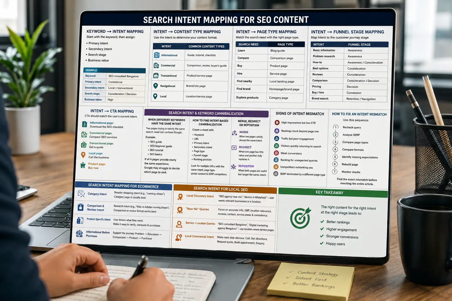 Realistic SEO workspace showing a search intent mapping framework covering keyword intent, content type, page type, funnel stage, CTA, keyword cannibalization, ecommerce SEO, and local SEO.