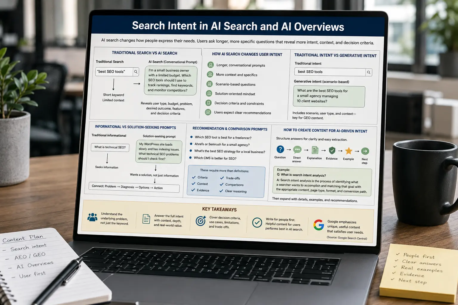 Realistic SEO workspace showing an AI search intent framework comparing traditional keywords with conversational prompts, solution-seeking queries, recommendations, GEO content, and people-first answers.