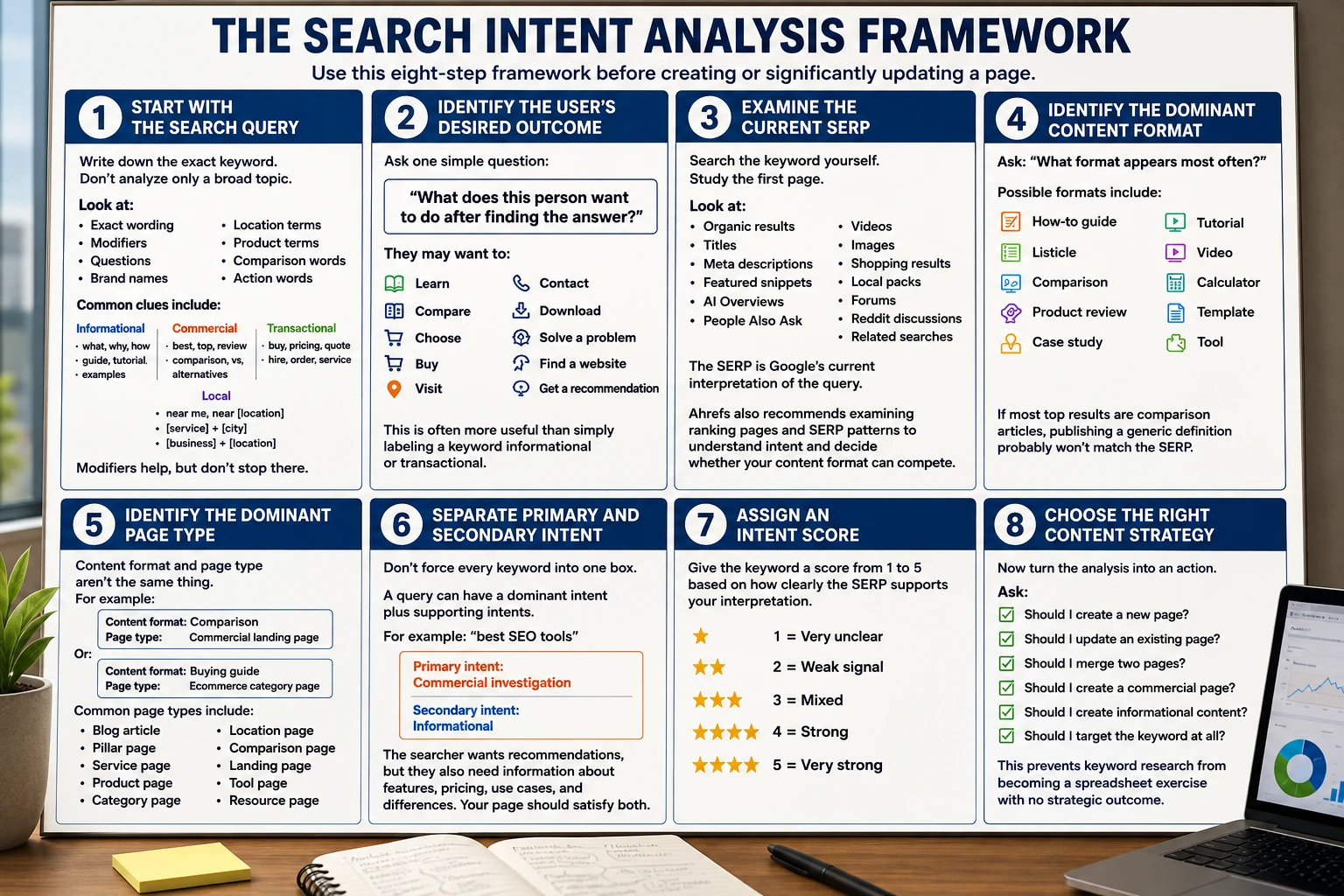 The Search Intent Analysis Framework shown as an eight-step SEO infographic covering search queries, user outcomes, SERP analysis, content format, page type, primary and secondary intent, intent scoring, and content strategy.