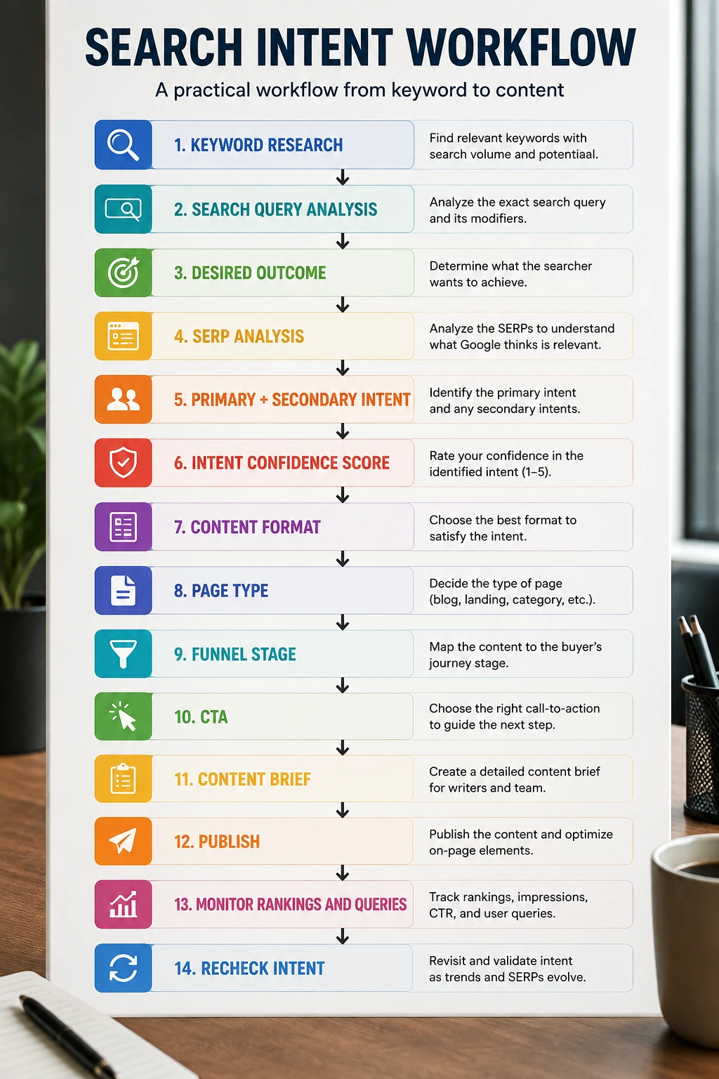 Search intent workflow showing 14 SEO steps from keyword research and search query analysis through SERP analysis, content planning, publishing, monitoring rankings, and rechecking search intent.