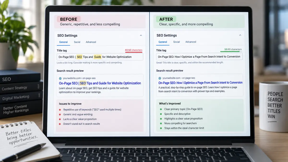 On page SEO Example: Side-by-side SEO title tag optimization showing a generic “Before” title and a clearer, search-intent-focused “After” title in a professional SEO editing interface.