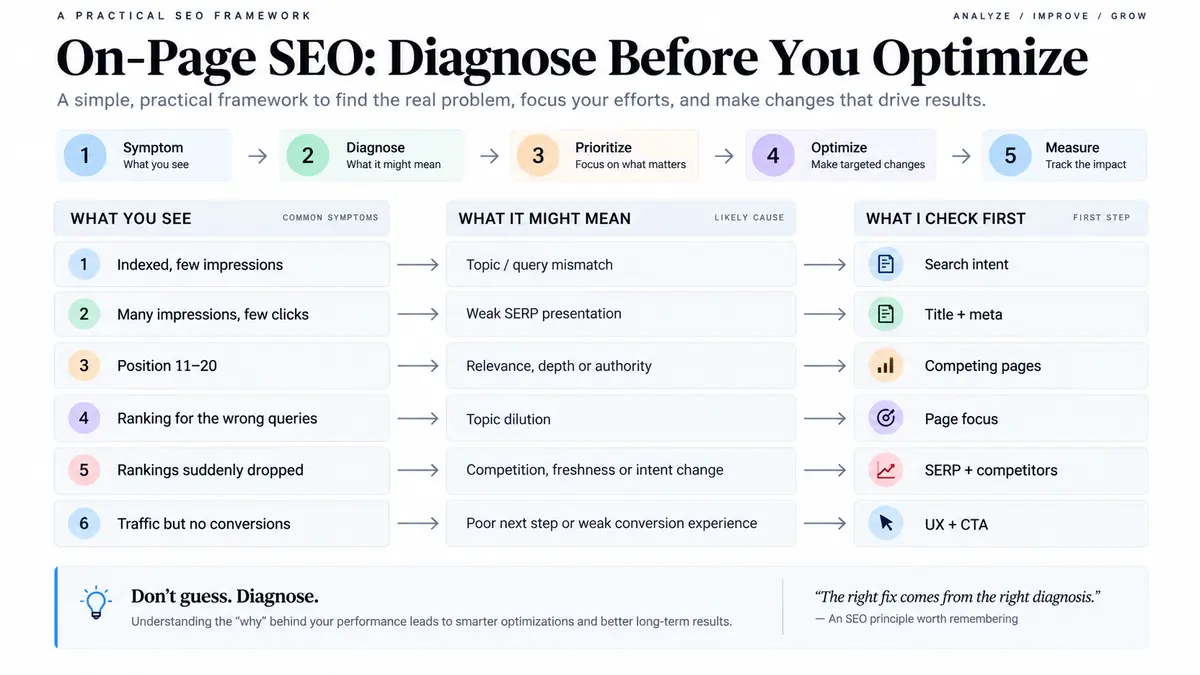 On-page SEO diagnostic framework connecting ranking symptoms to possible problems and first checks