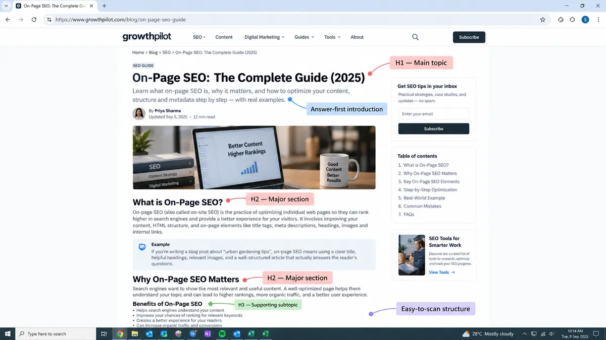Annotated SEO article showing H1, H2, H3 headings and an answer-first content structure