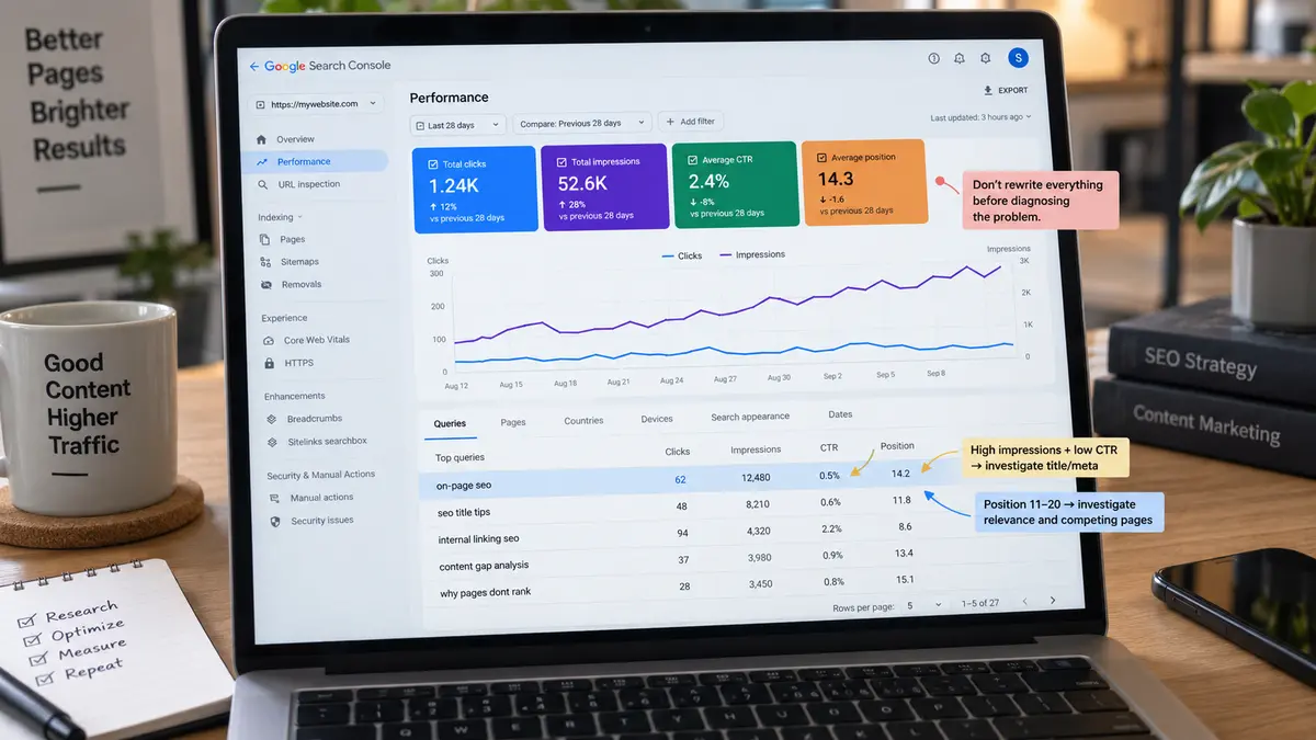 Search performance dashboard showing impressions, clicks, CTR, average position, and ranking queries for an SEO page