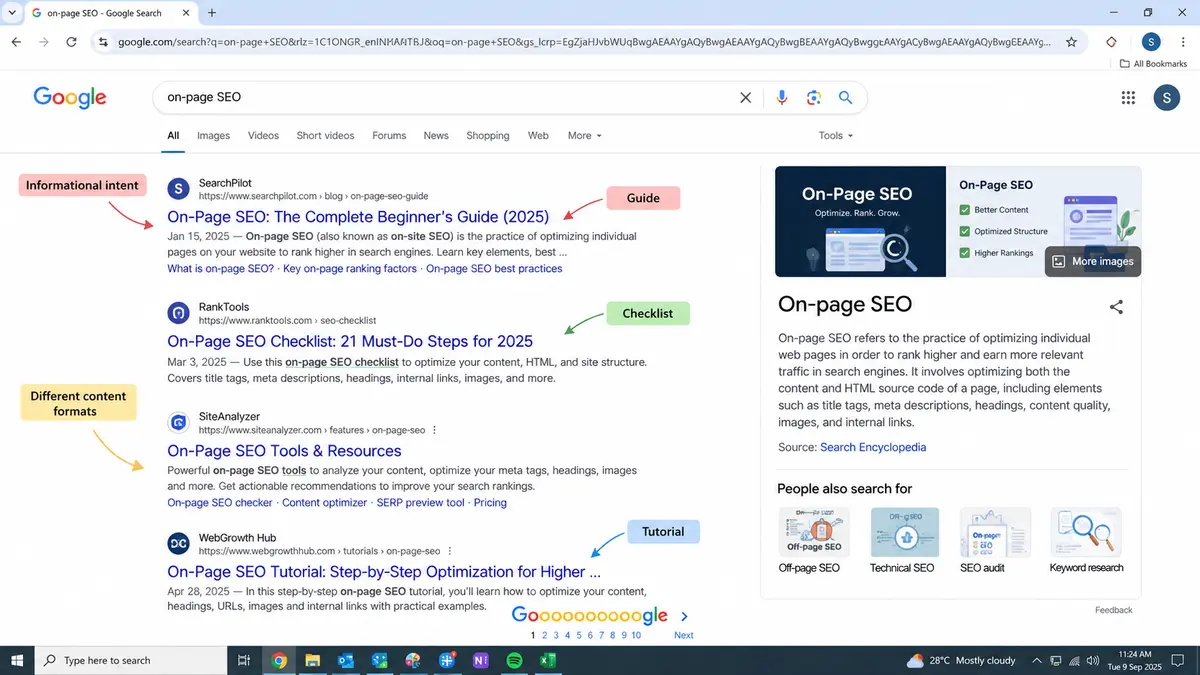 Google search results for “on-page SEO” showing different content formats and search intents
